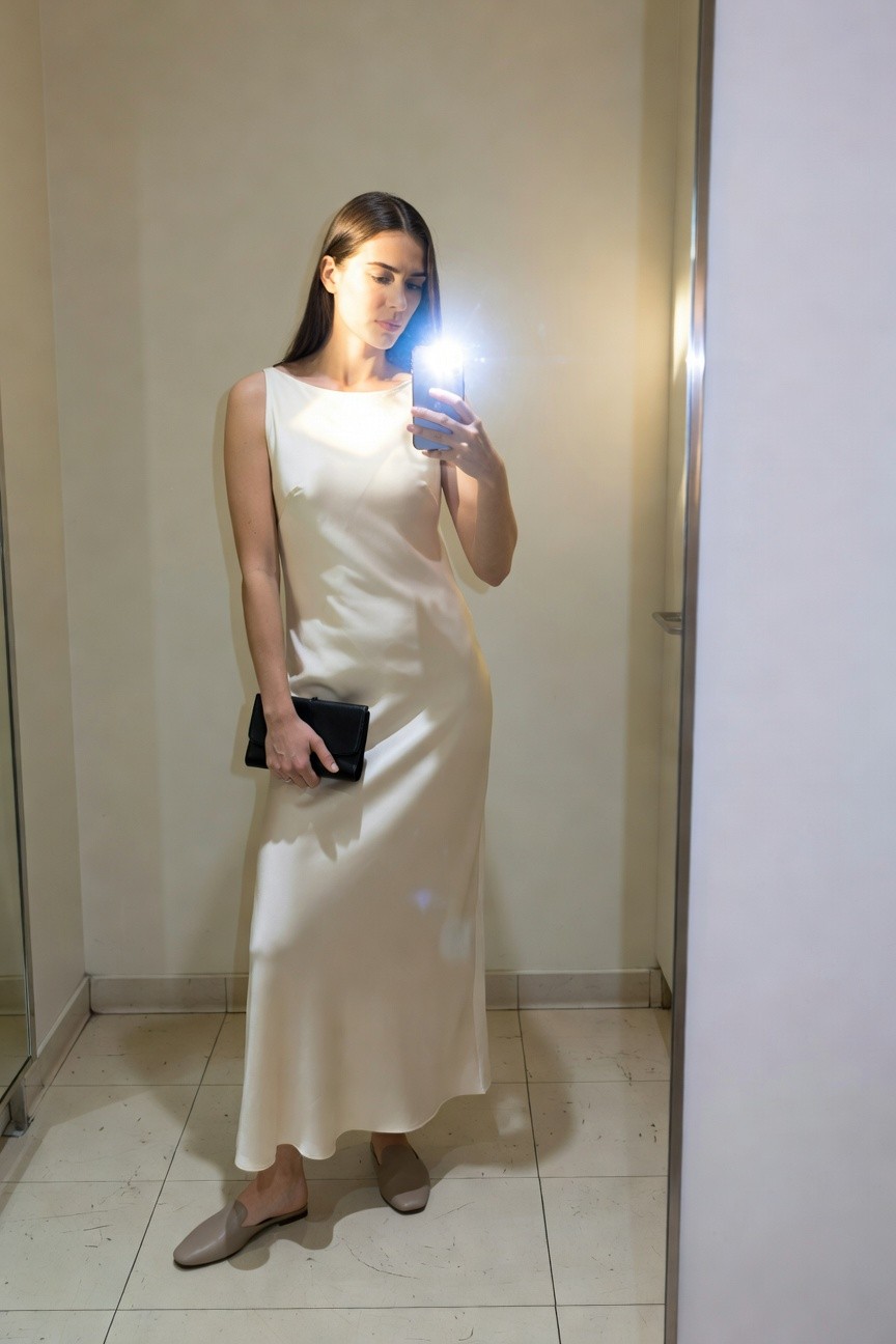 Woman taking mirror selfie in white sleeveless silk maxi dress holding black leather clutch with taupe slip-on mules in tiled bathroom