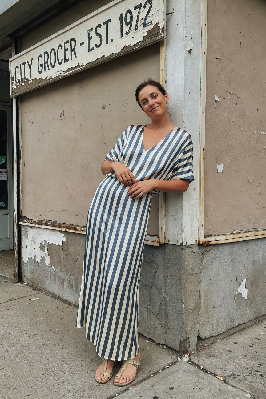 Woman leaning against a weathered building wall in a navy and white striped satin maxi dress with deep V-neck, wide short sleeves, and floor-length skirt, paired with tan flat sandals, smiling playfully