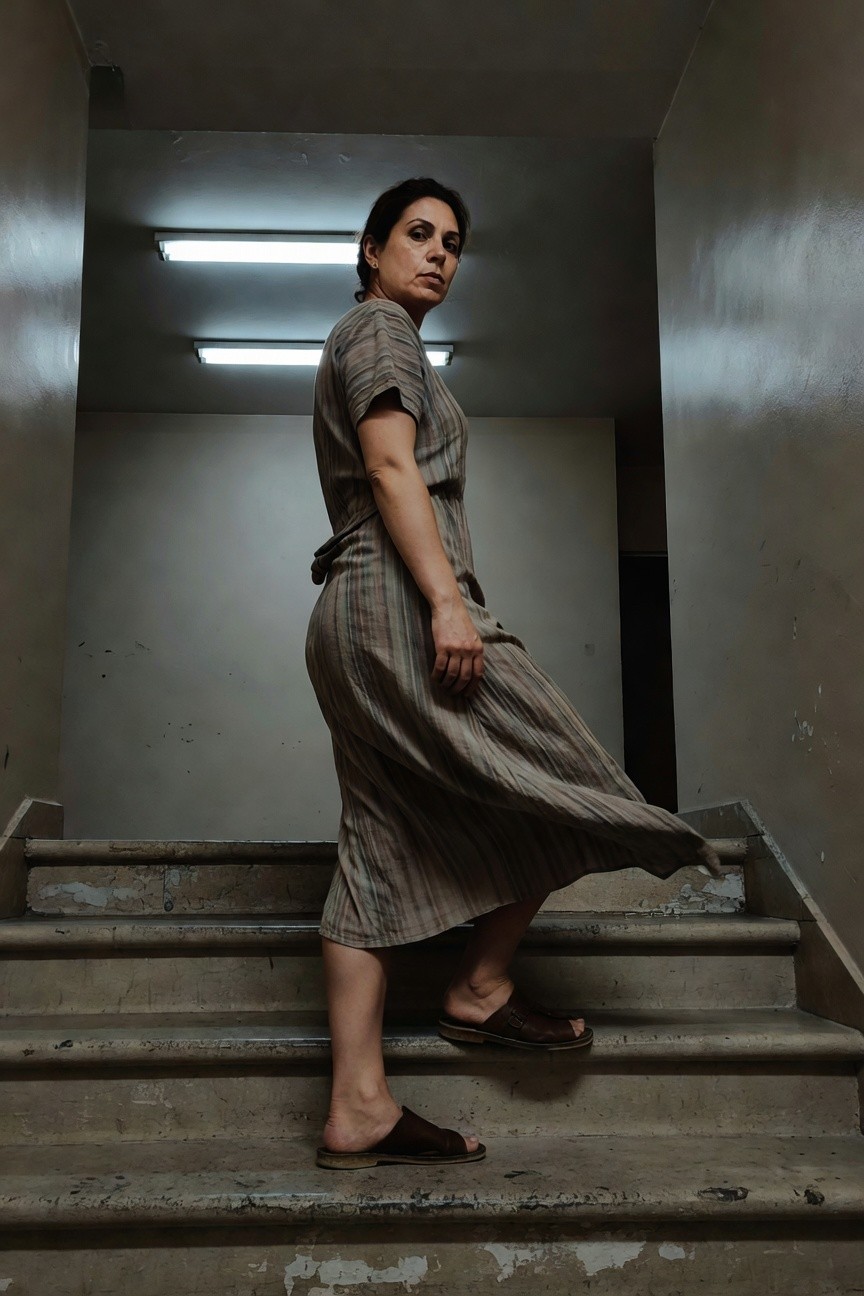 Side profile of a curvy woman in her 40s ascending concrete stairs in a dimly lit indoor stairwell, wearing a short-sleeved gray-brown striped flowy maxi dress with waist tie and brown leather slide sandals, fabric skirt billowing slightly mid-step