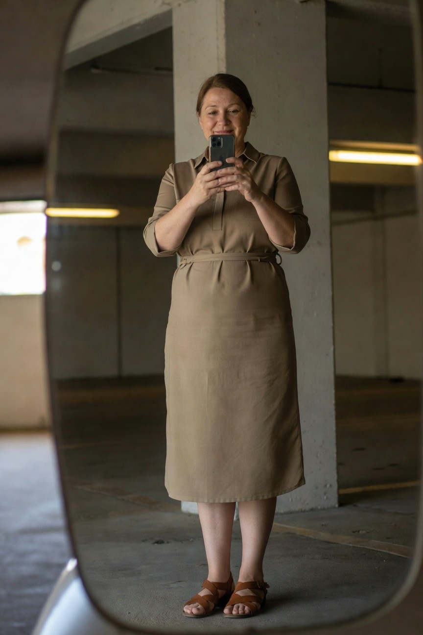 Woman smiling in a selfie wearing a belted khaki short-sleeve shirt dress with tan strappy sandals, reflected in a large parking garage mirror
