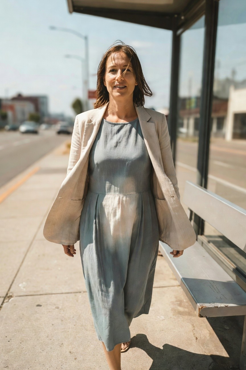 Woman walking near a bus shelter in an open cream linen blazer over a gradient blue linen midi dress with subtle pleats, paired with simple sandals, modest summer style.