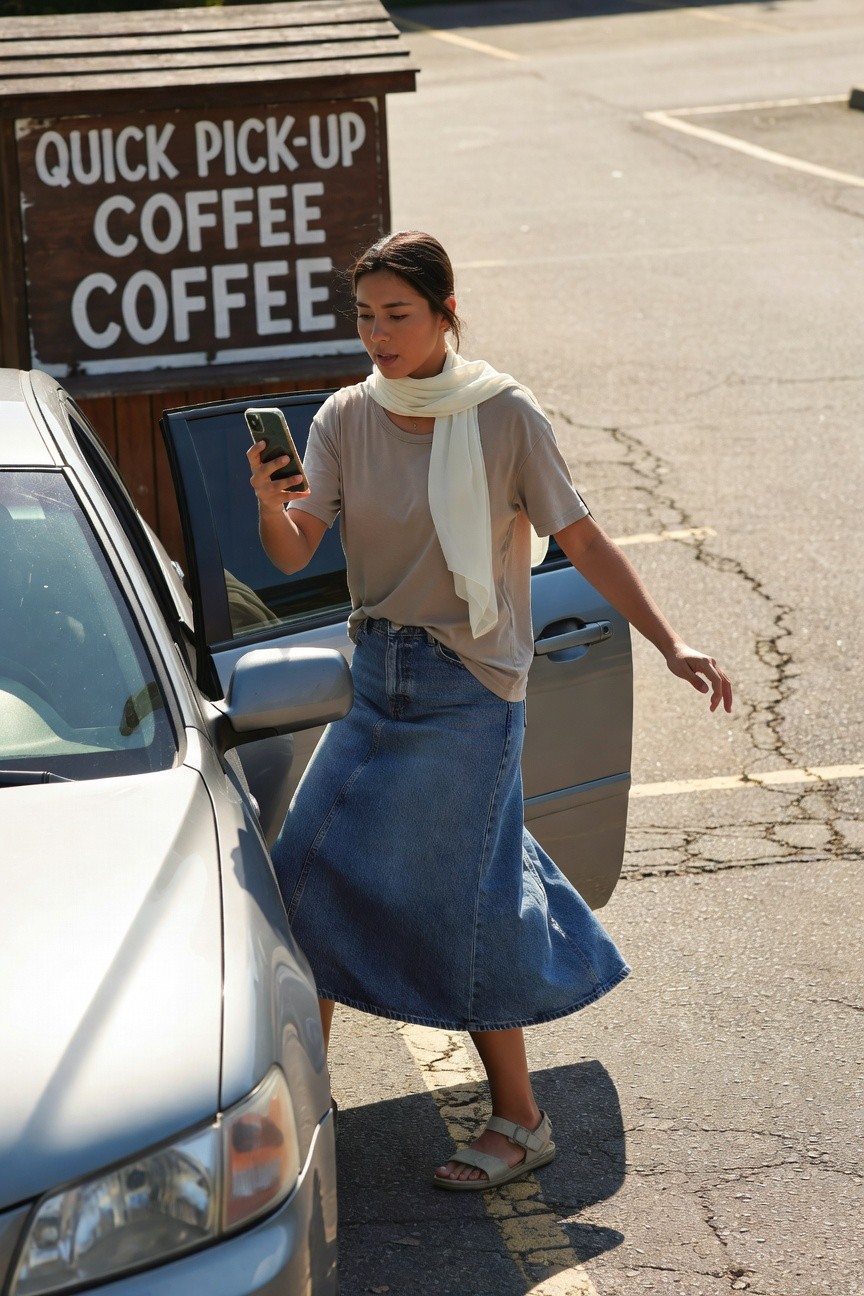 Woman standing by silver car wearing taupe short-sleeve tee, white scarf loosely around neck, full blue denim midi skirt, beige sandals, holding phone, near wooden coffee stand sign