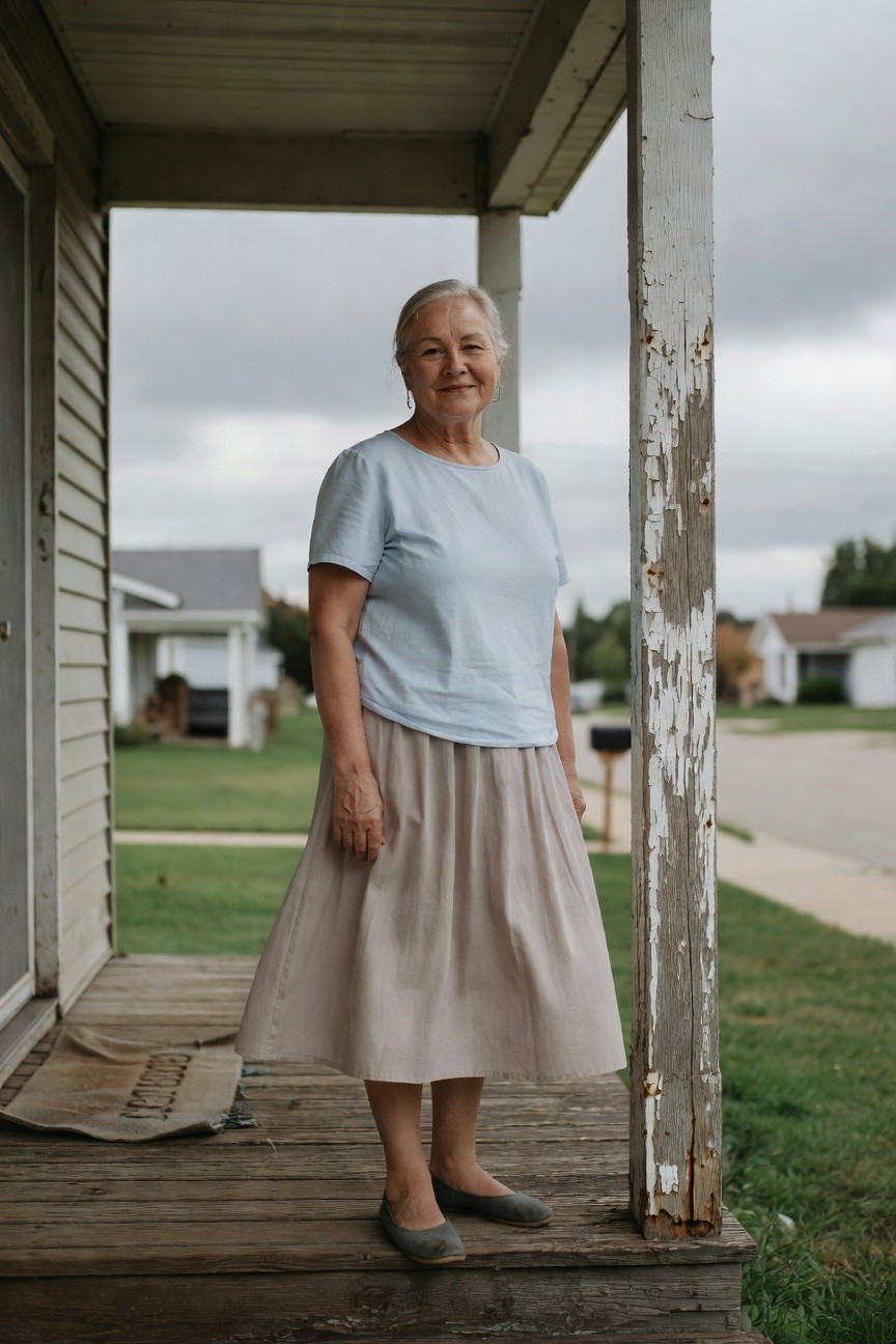 Older woman with silver hair standing in light blue short-sleeved t-shirt, beige pleated midi skirt, gray ballet flats, and small earrings, posed confidently on a porch step