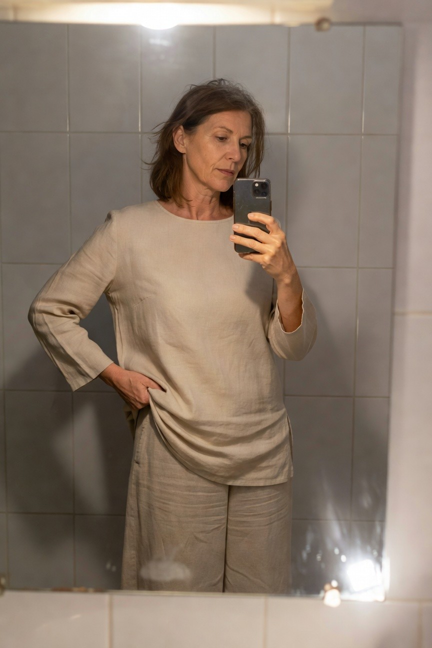 Middle-aged woman with shoulder-length brown hair taking a mirror selfie in a tiled bathroom, wearing a loose beige linen boat-neck top with three-quarter sleeves and matching wide-leg linen pants, hands on hips in a casual pose
