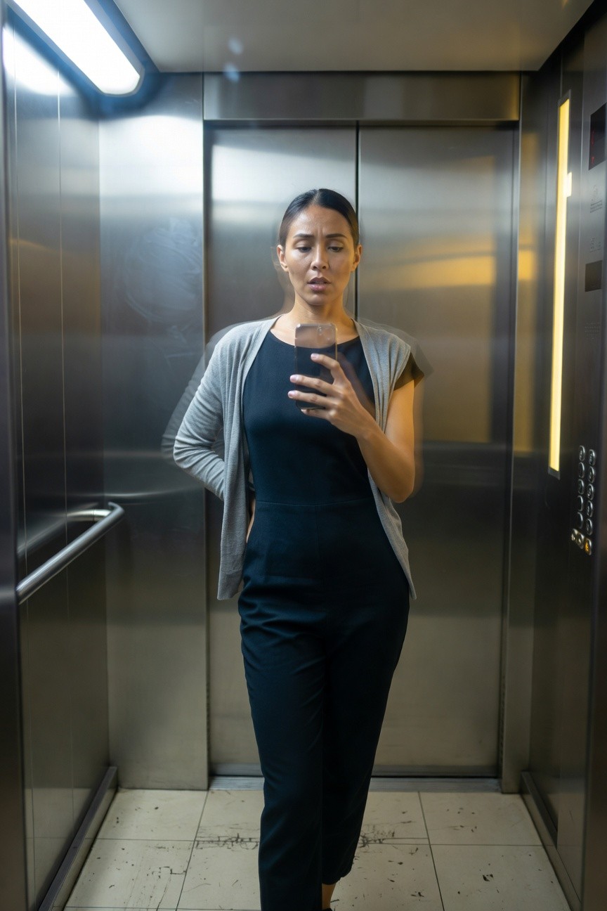 Asian woman in a sleek navy sleeveless jumpsuit with wide cropped legs, layered with an open light gray cardigan draped over shoulders, taking a selfie while standing casually
