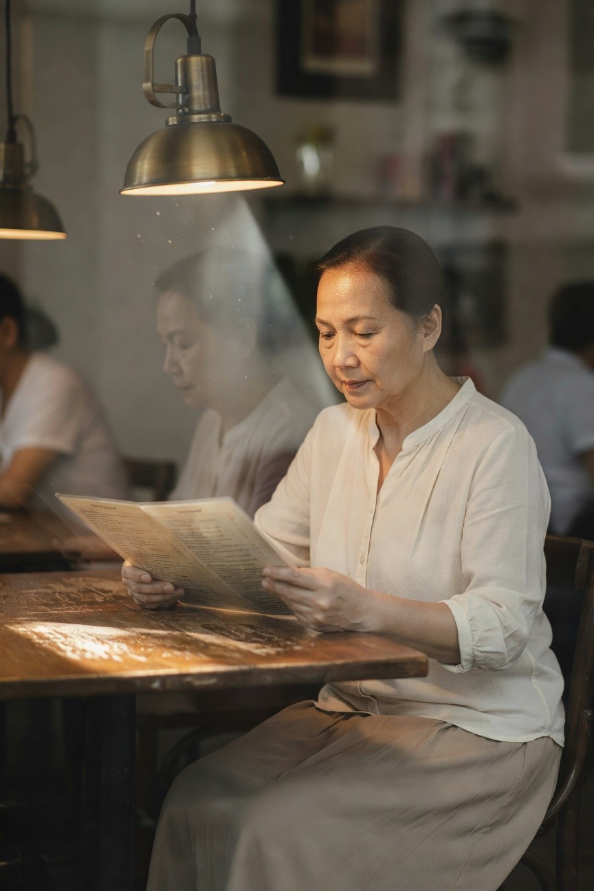 Mature Asian woman seated at a wooden cafe table reading a menu, dressed in an off-white long-sleeved stand-collar blouse and beige wide-legged skirt, warm indoor lighting highlighting the modest summer outfit