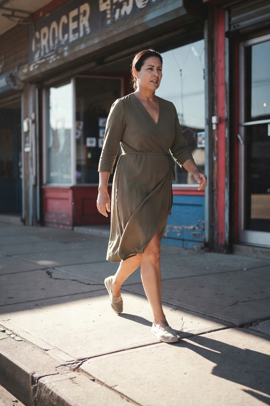 Woman in olive green wrap dress with elbow-length sleeves and side tie, walking in beige espadrilles, modest summer style showing subtle leg slit.