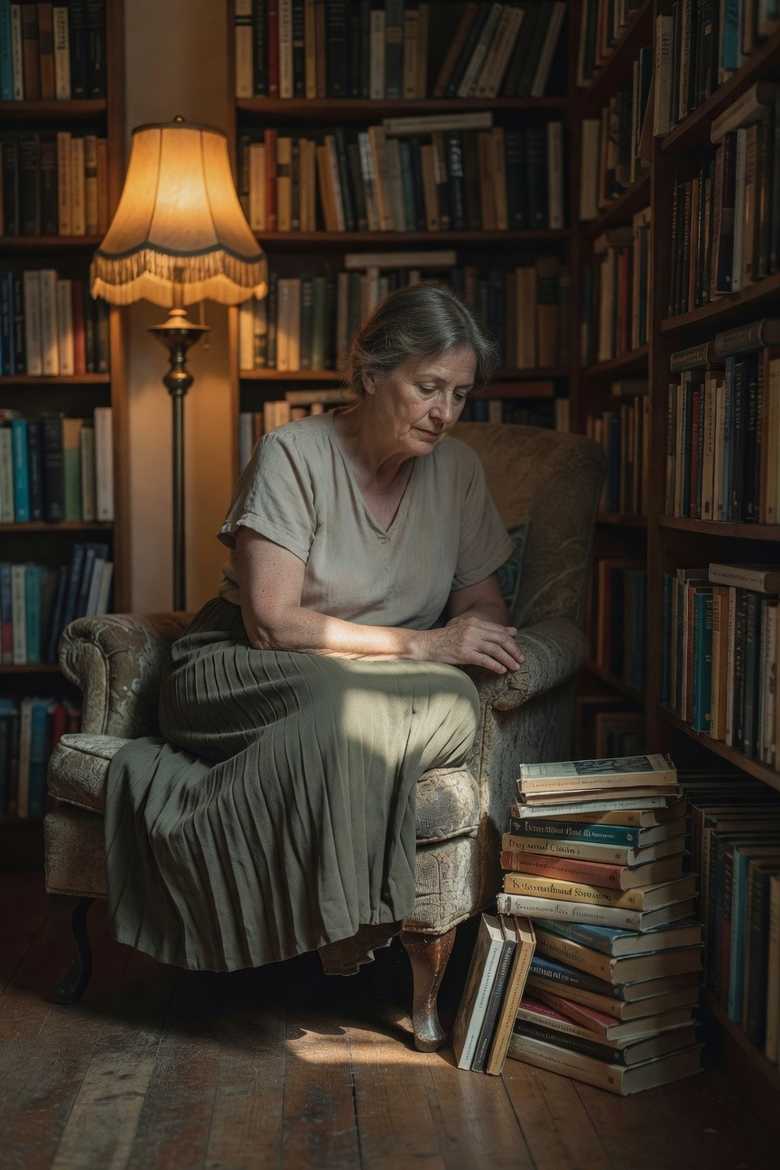 Older woman seated in armchair wearing a loose beige short-sleeved top and pleated sage green midi skirt with dark flats, surrounded by bookshelves