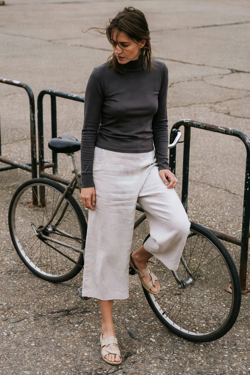 Woman standing by metal railing and bicycle wearing fitted charcoal gray long-sleeve turtleneck, wide-leg beige linen pants, and strappy beige flat sandals