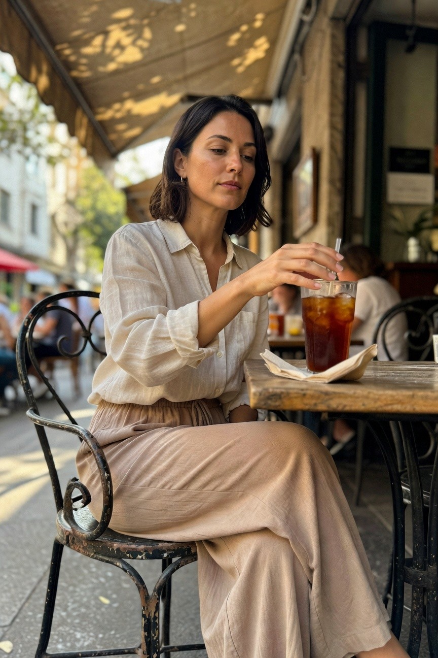 Woman seated at a table wearing a white linen button-up shirt with rolled sleeves tucked into high-waisted beige wide-leg pants, holding a straw in an iced drink, in a casual outdoor café setting.