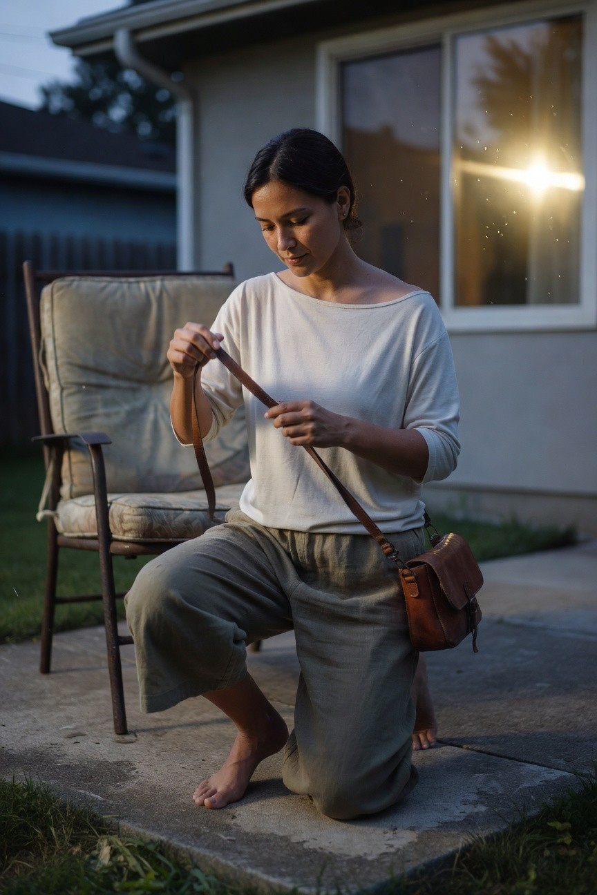A woman kneels barefoot on concrete wearing a loose cream off-shoulder long-sleeve top, wide-leg olive pants, and a brown leather crossbody bag, holding a brown leather strap in her hands