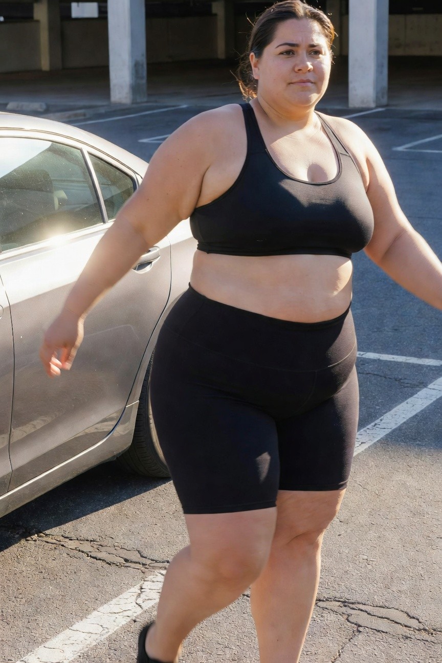 Plus-size woman in black sports bra and high-waisted black biker shorts walking near a silver car in a parking structure, ponytail hairstyle, black sneakers, sunny day