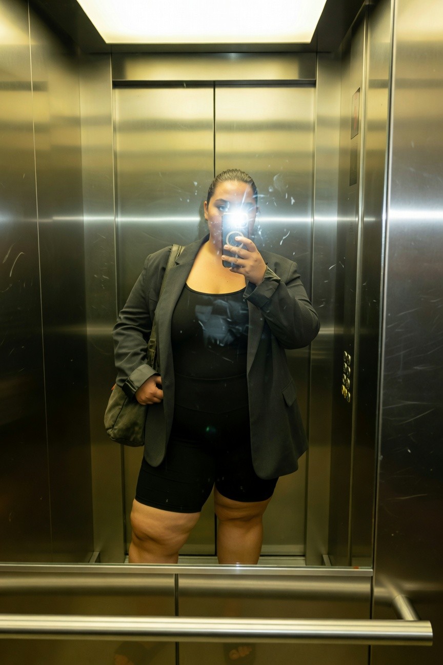 Plus-size woman taking an elevator selfie in an oversized open black blazer over a black tank top, paired with black biker shorts, holding a brown suede shoulder bag, and wearing simple sandals, showcasing a polished casual summer look