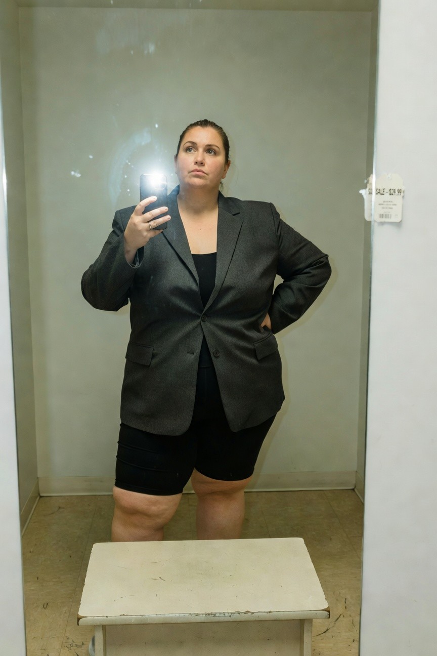 Plus-size woman in a dark gray tailored blazer over black tank top and black biker shorts, posing with hand on hip in a fitting room mirror selfie, arms slightly outstretched holding phone