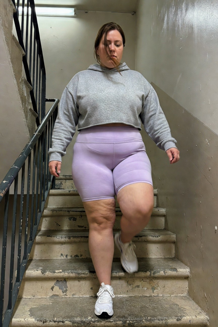 Plus-size woman ascending concrete stairs in a cropped gray hoodie with long sleeves, high-waisted lilac biker shorts, and white sneakers, hand on black metal railing