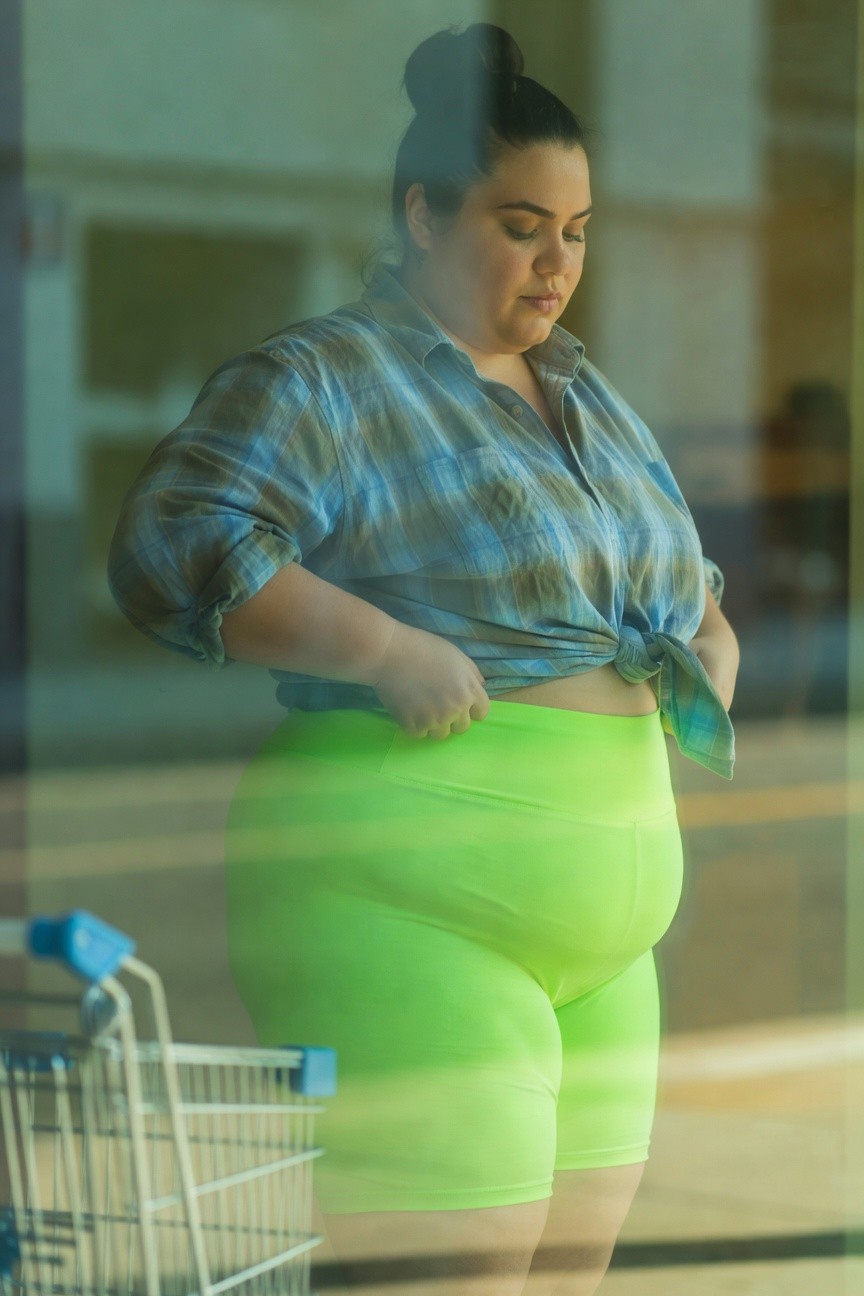 Plus-size woman with hands adjusting her tied blue-gray plaid shirt over high-waisted bright lime green biker shorts, standing near a blue shopping cart in a store setting