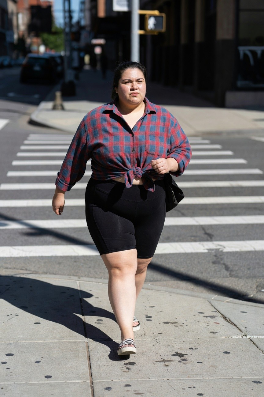 Plus-size woman with dark hair walking across a zebra crossing in an oversized red-and-blue plaid flannel shirt knotted at the waist, black biker shorts, white strappy sandals, and black crossbody bag
