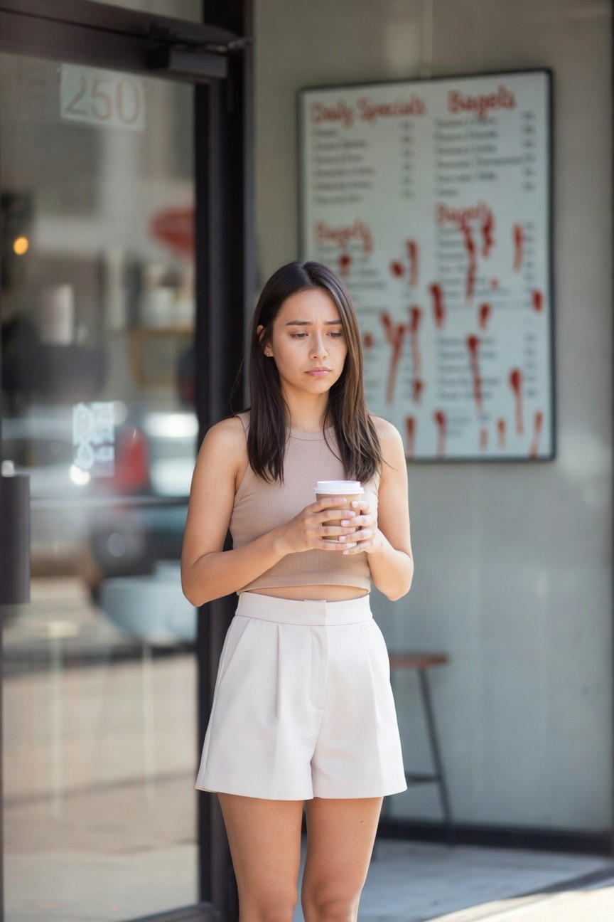 Petite Asian woman with long dark hair standing outside a bagel shop, wearing a cropped beige tank top, white pleated shorts, holding a to-go coffee cup, neutral expression, urban sidewalk setting