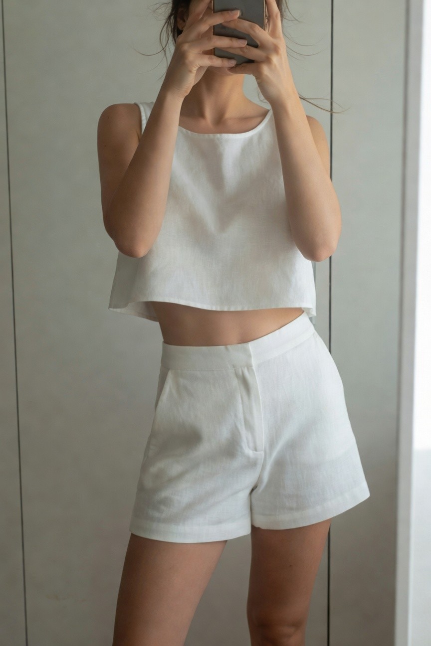 Petite woman taking a mirror selfie in a white linen cropped tank top with square neckline and high-waisted wide-leg linen shorts, hands holding phone, casual indoor pose showing midriff and legs