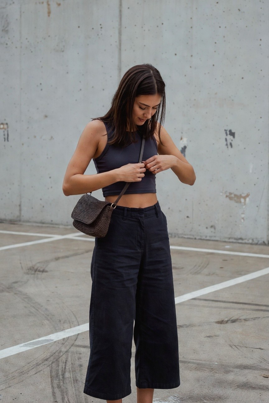 Petite woman with long dark hair wearing a navy cropped sleeveless tank top, brown woven crossbody bag, and wide-leg navy cropped pants, adjusting her bag strap against a concrete wall in a parking lot