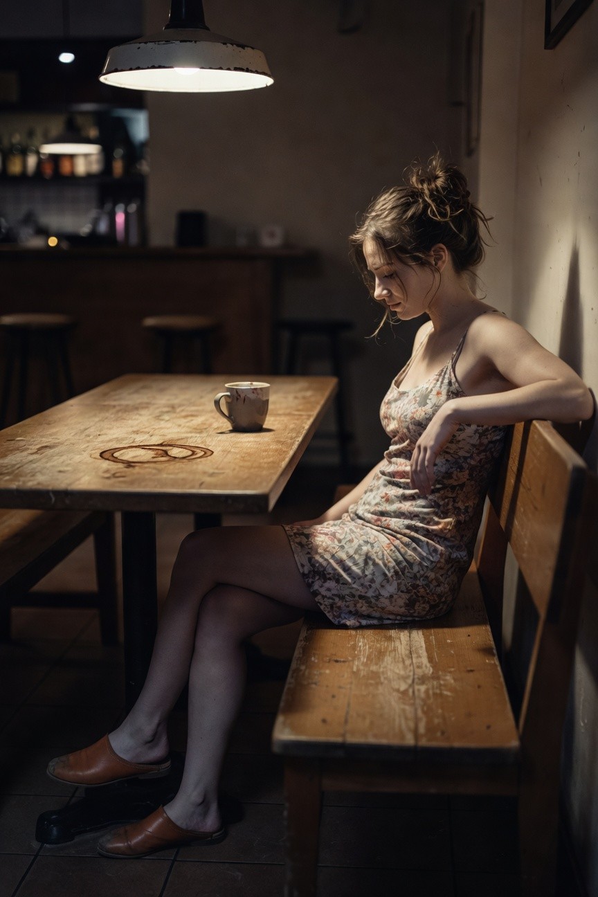 Petite woman wearing a short floral print slip dress with spaghetti straps and orange leather mule clogs, seated sideways on a wooden bench with legs extended.