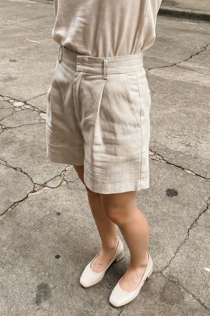 Petite woman in cream loose top tucked into high-waisted beige pleated linen shorts, wearing white square-toe ballet flats, standing on cracked pavement, side profile view emphasizing proportions
