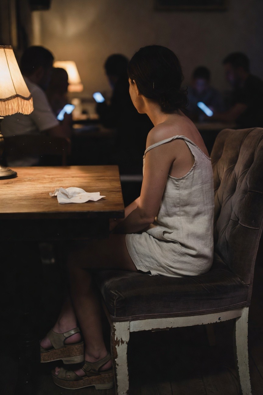 Petite woman viewed from behind wearing short sleeveless beige linen mini dress with slipped strap and tan strappy cork wedge sandals, seated at wooden table with napkin nearby in dimly lit cafe setting