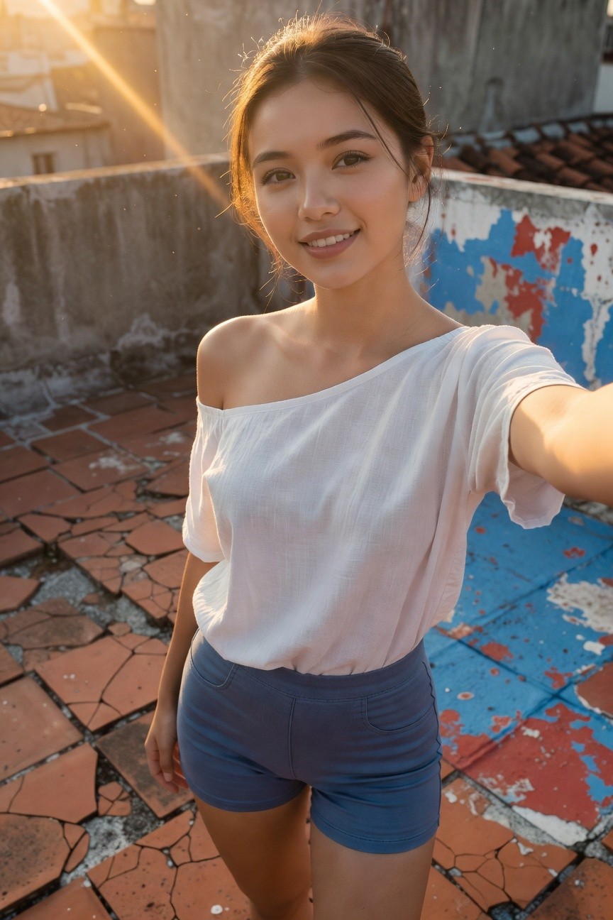 Petite Asian woman taking a selfie in a white off-shoulder gauzy top and navy high-waisted shorts, smiling on a rooftop, golden hour light