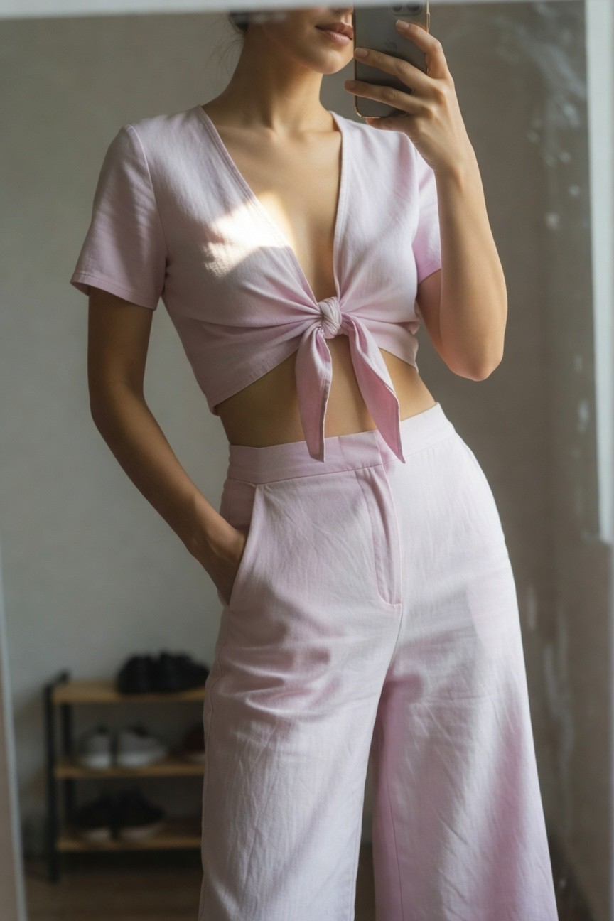 Petite Asian woman in a pale pink cropped V-neck top with front bow tie and matching high-waisted wide-leg linen pants, posing with one hand in pocket and holding phone for mirror selfie in a bright indoor room