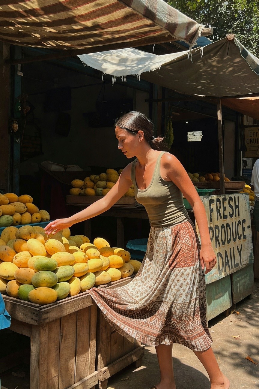 Woman in a green tank top and patterned skirt selecting mangoes at a market.