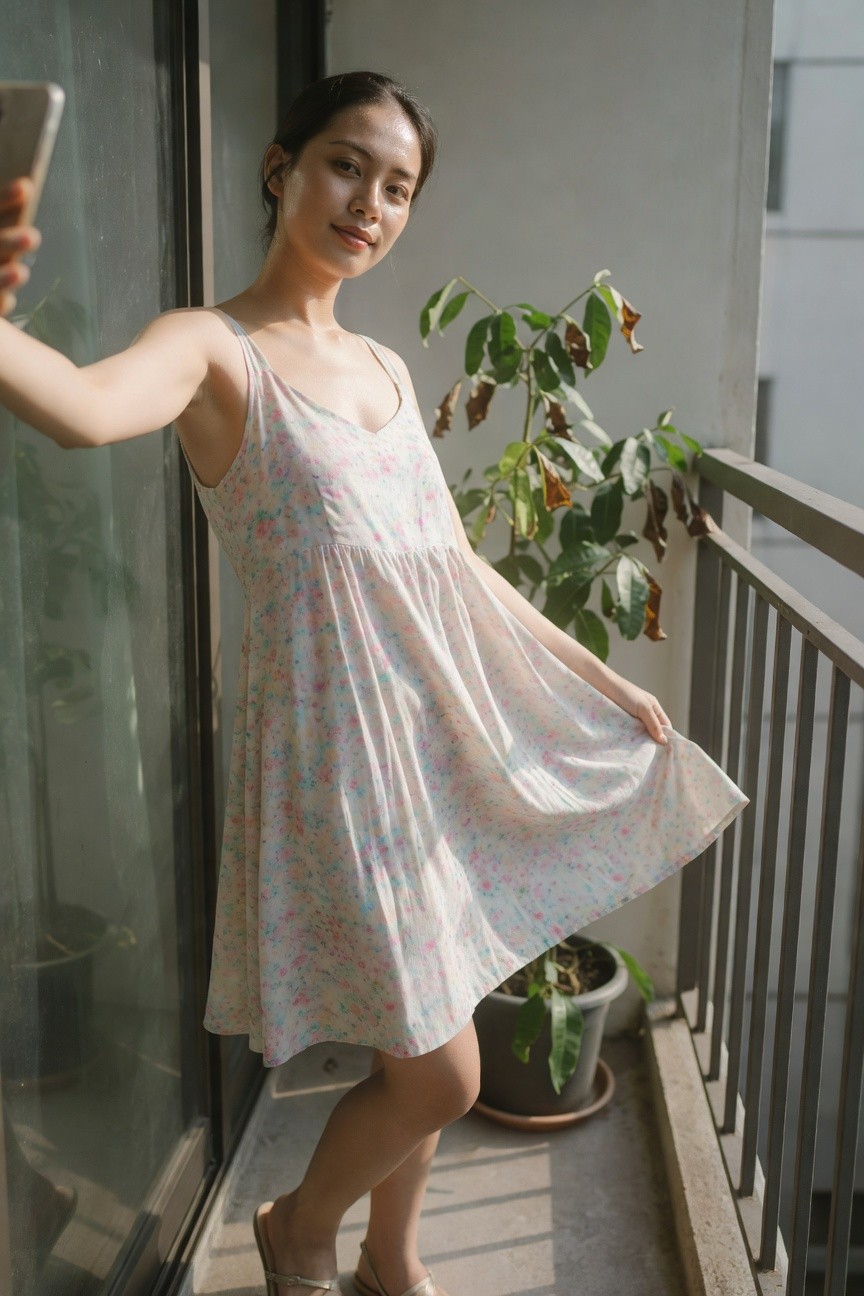 Petite woman in sleeveless pastel floral print sundress with spaghetti straps, gathered waist, and flared mini skirt, paired with strappy gold flat sandals, posing for selfie while extending one arm