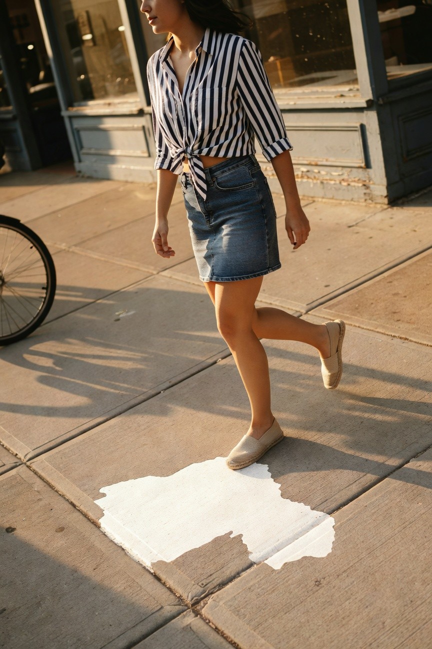 Petite woman in white and navy striped long-sleeve shirt tied at the waist, high-waisted faded denim mini skirt, and tan espadrille wedges, walking on a sidewalk