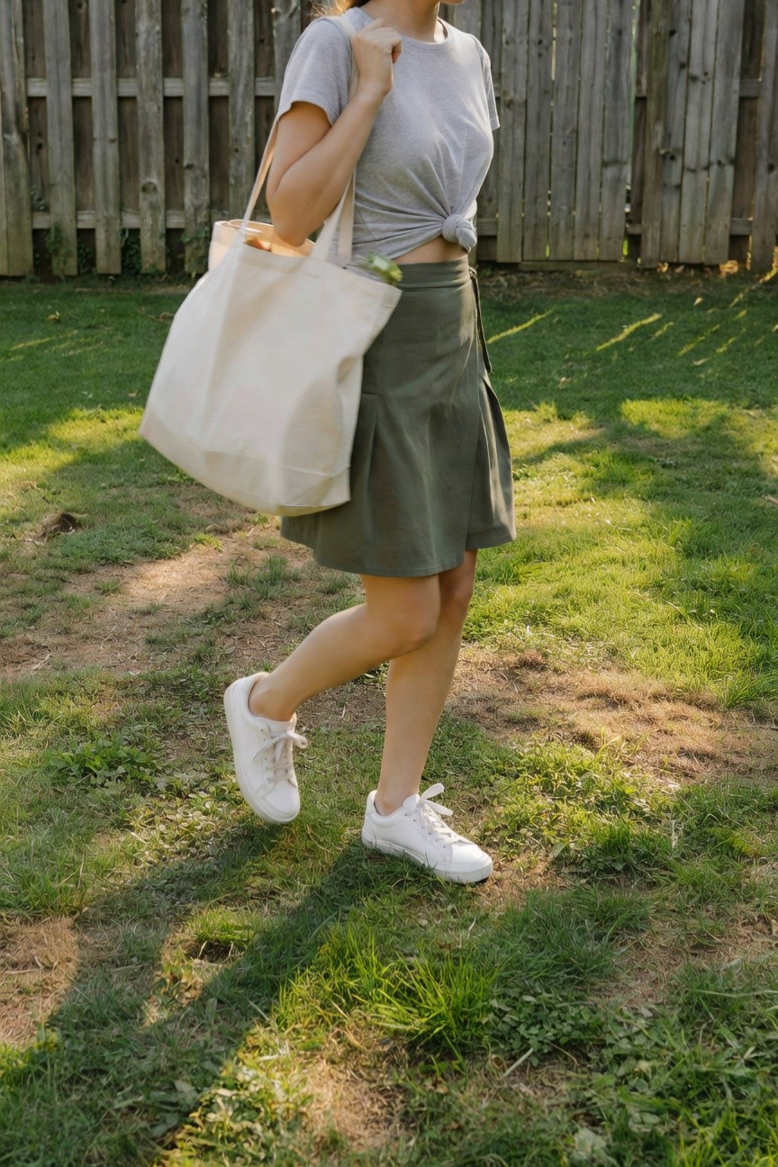 Petite woman walking on grass in cropped gray T-shirt tied at front, olive green pleated mini skirt, white lace-up sneakers, and oversized beige canvas tote bag over shoulder