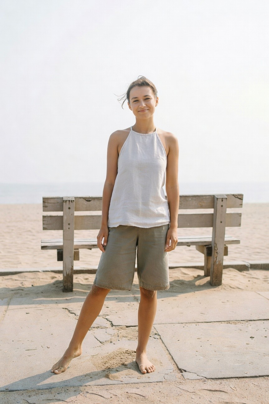 Petite woman smiling in white linen halter-neck tank top and olive green linen mid-thigh shorts, standing barefoot on boardwalk with wooden beach bench behind her