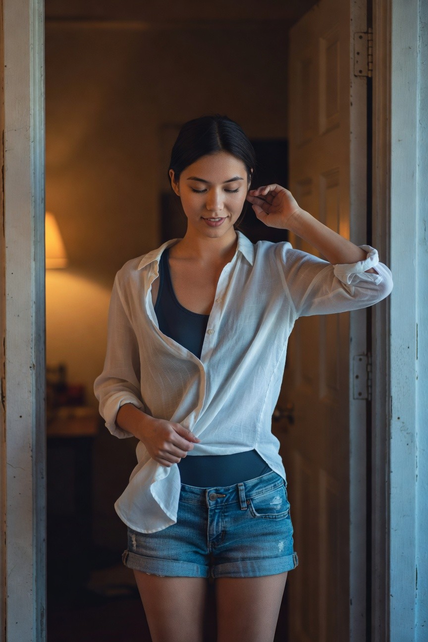 Petite woman with long dark hair standing in a doorway, wearing an open white button-up shirt layered over a navy tank top and high-waisted cutoff denim shorts, one hand adjusting the shirt, soft indoor lighting