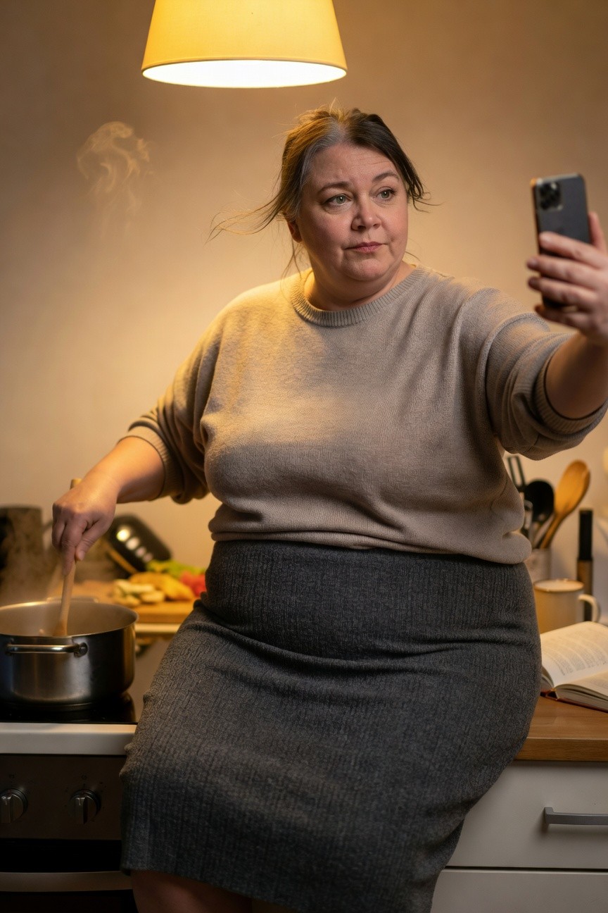 Plus-size woman taking a selfie in an oversized light beige knit sweater and gray wool-blend midi skirt while stirring a pot on the kitchen stove, warm indoor lighting