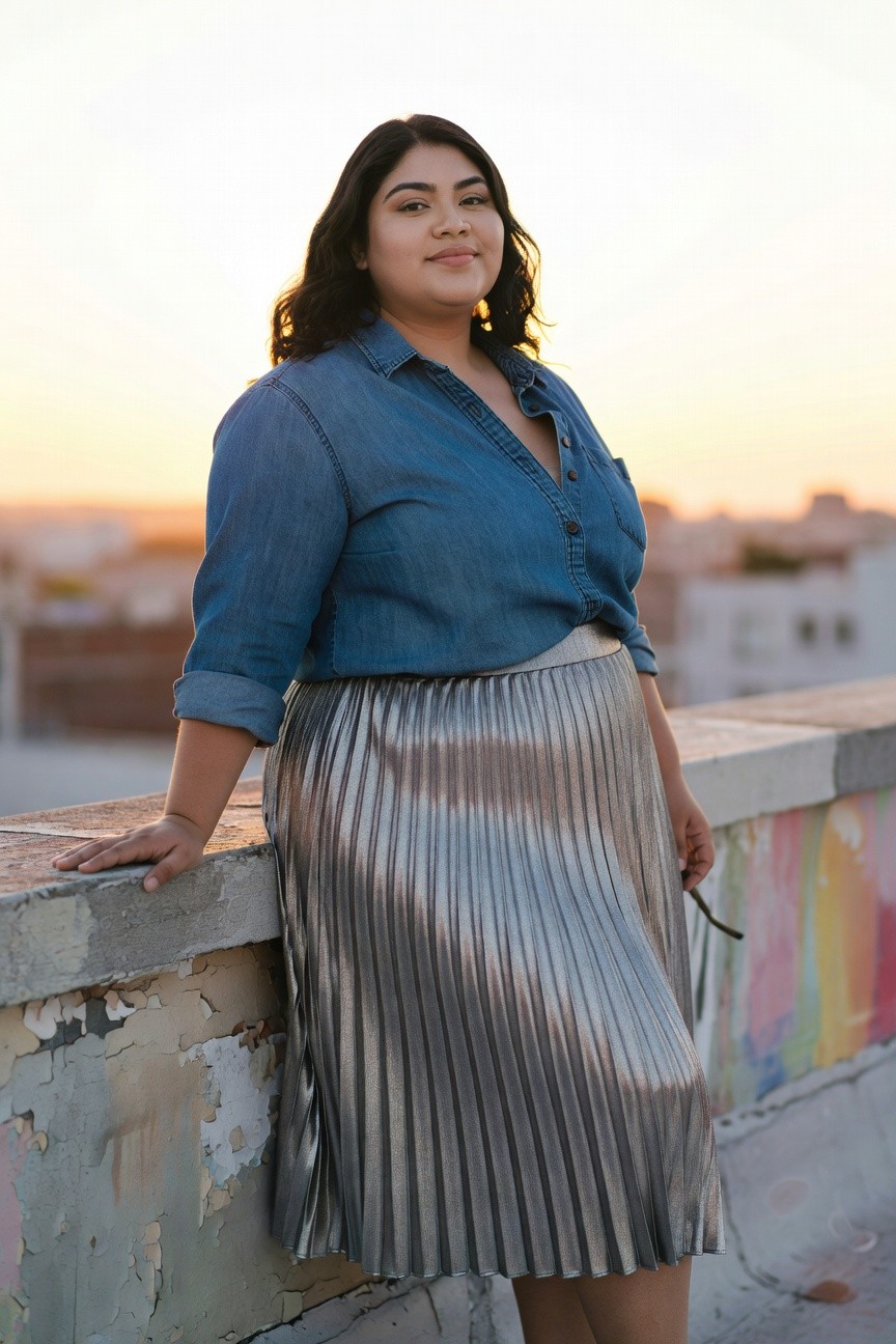 Plus size Latina woman with long dark wavy hair smiling softly, wearing an open blue denim shirt with rolled sleeves over a shiny silver pleated midi skirt, leaning on a rooftop ledge with sunglasses and bracelet as accessories