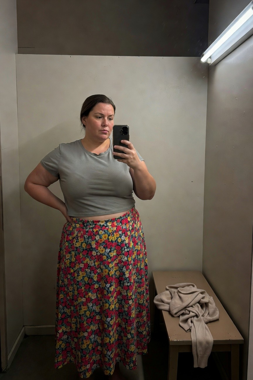 Plus-size woman in dressing room selfie wearing fitted gray short-sleeve crop top tucked into high-waisted multicolored floral print midi skirt with hands on hips, beige sweater draped on bench nearby