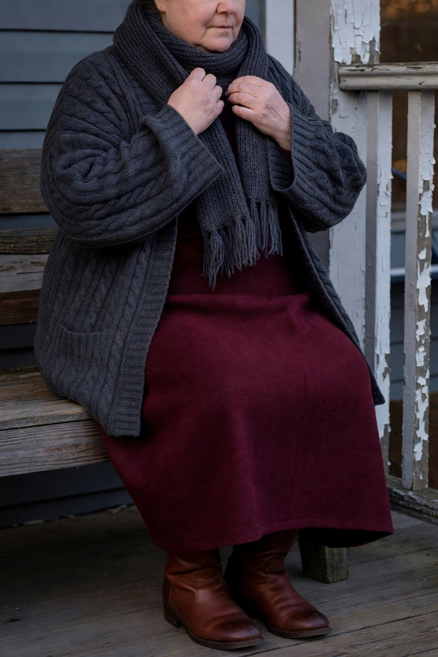 Plus-size woman sitting on a wooden porch bench wearing an open gray cable knit cardigan over a burgundy wool midi dress, gray scarf around neck, brown leather knee boots, and a gold ring, casual layered fall outfit.