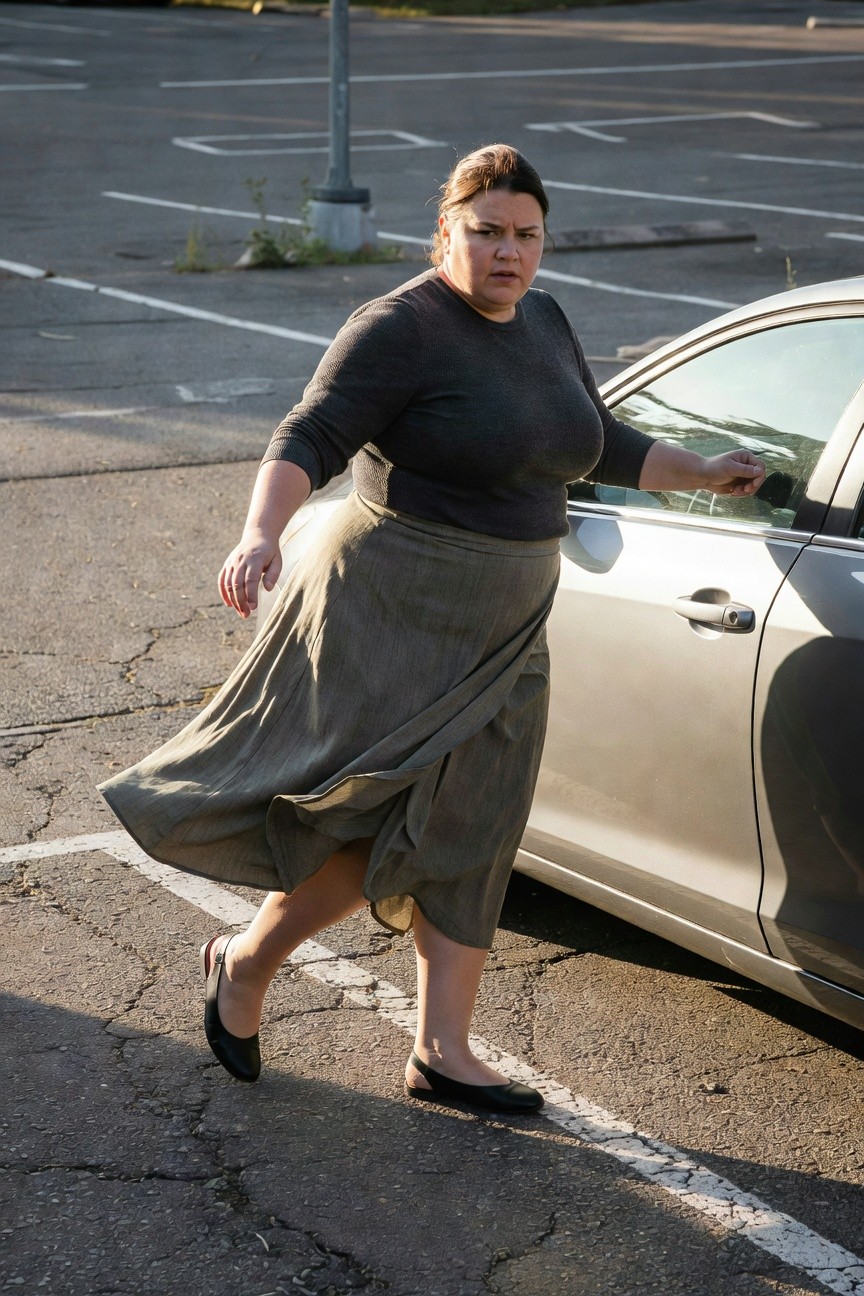 Plus-size woman in gray long-sleeve sweater and flowy gray wrap midi skirt, black slingback flats, walking toward a car in a parking lot, skirt in motion