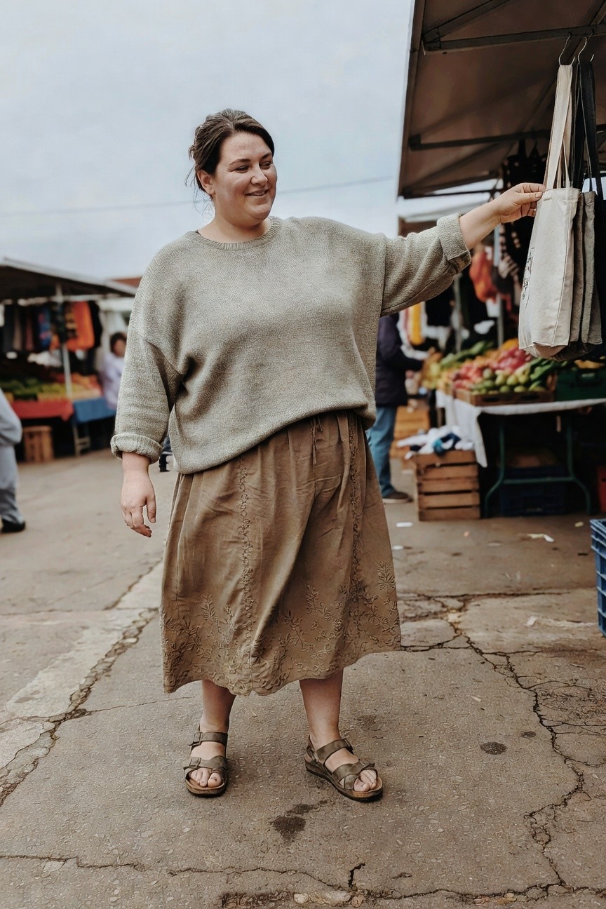 Plus-size woman smiling at outdoor market, wearing oversized grey knit sweater, brown embroidered flowy midi skirt, tan strappy sandals, reaching for canvas tote bag on rack amid vegetable stalls