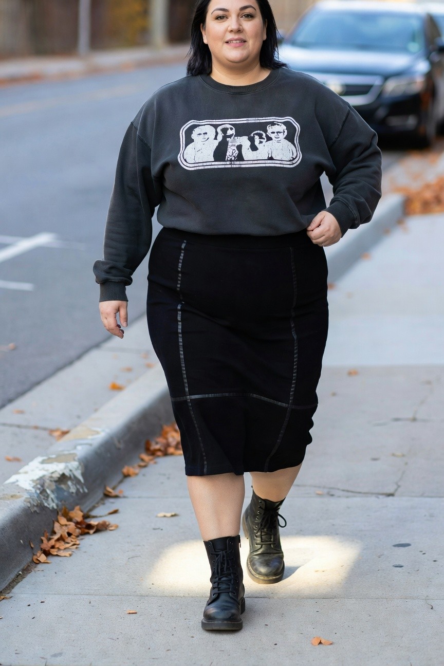 Plus-size woman in oversized black graphic sweatshirt, black midi skirt with white side stitching, and black lace-up combat boots, walking on urban sidewalk