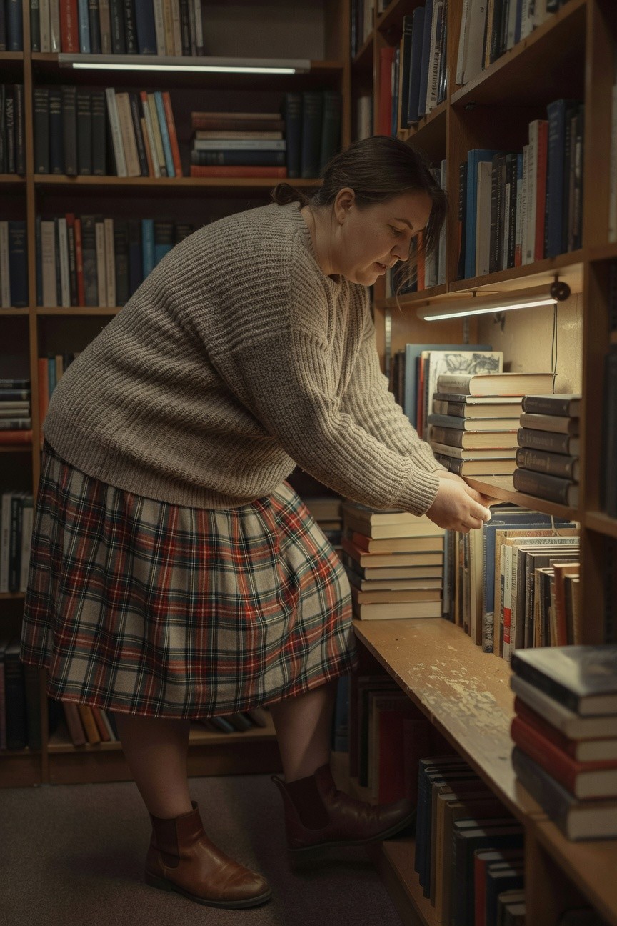 Plus-size woman in a beige oversized chunky knit cardigan layered over a red-black-white plaid pleated midi skirt and brown leather ankle boots, reaching for books on a library shelf