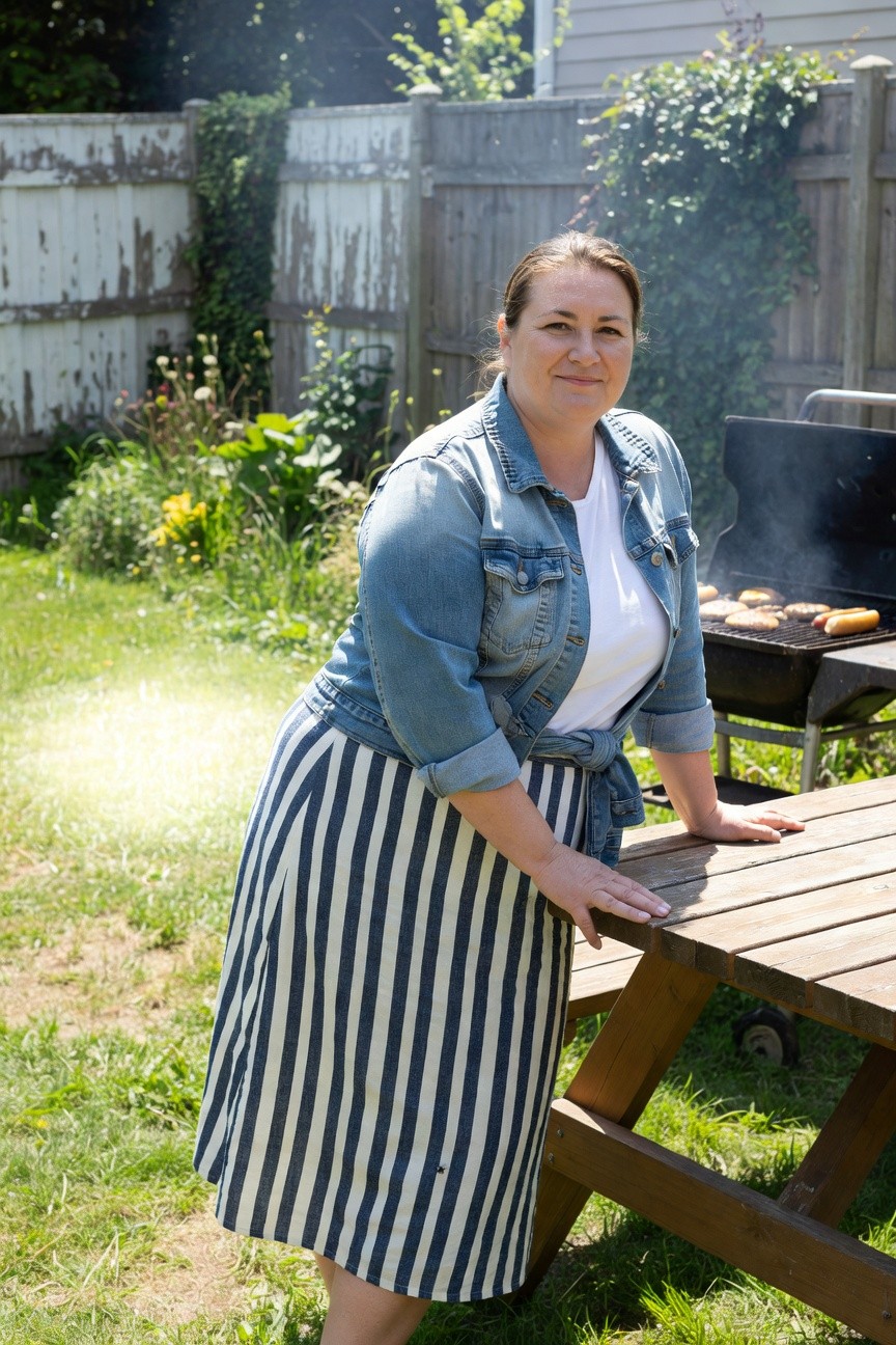 Plus size woman smiling in blue denim jacket over white t-shirt and black-and-white striped midi skirt, hands resting on wooden picnic table