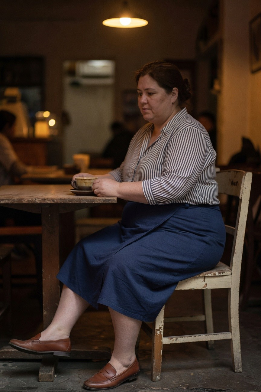 Plus-size woman seated at wooden cafe table in striped long-sleeve button-up shirt tucked into navy midi skirt with brown leather loafers, holding ceramic coffee cup, warm indoor lighting