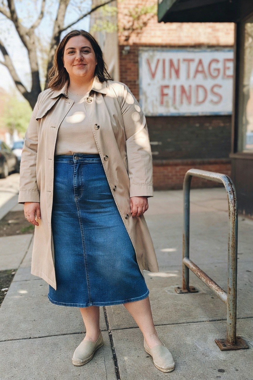 Plus-size woman standing on sidewalk wearing open beige trench coat over high-waisted blue denim midi skirt, neutral tank top, nude espadrille flats, and simple necklace, smiling at camera