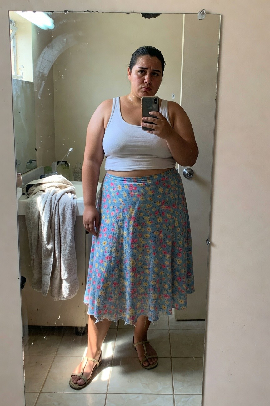 Plus-size woman in bathroom mirror selfie wearing cropped white tank top tucked slightly at waist, flowy blue midi skirt with multicolored floral print, and tan strap sandals, standing confidently with hands at sides.