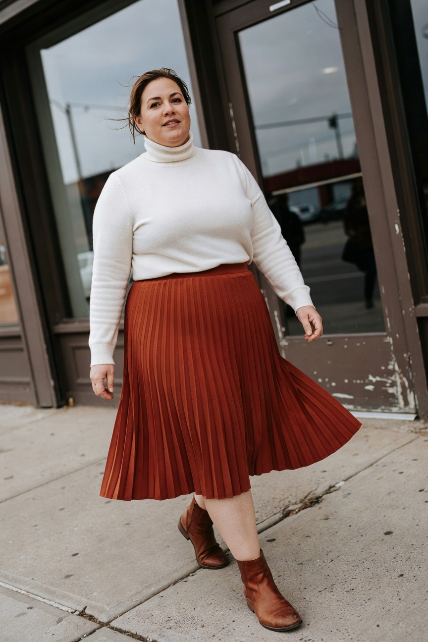 Plus-size woman walking in white long-sleeve turtleneck sweater, rust pleated midi skirt flowing out, and brown leather ankle boots, urban storefront background