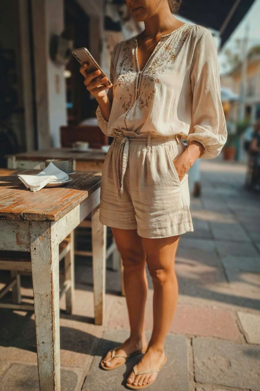 Woman standing outdoors in a white embroidered long-sleeve blouse tucked into high-waisted beige linen drawstring shorts, wearing tan flip-flops, holding a phone, next to a wooden table.