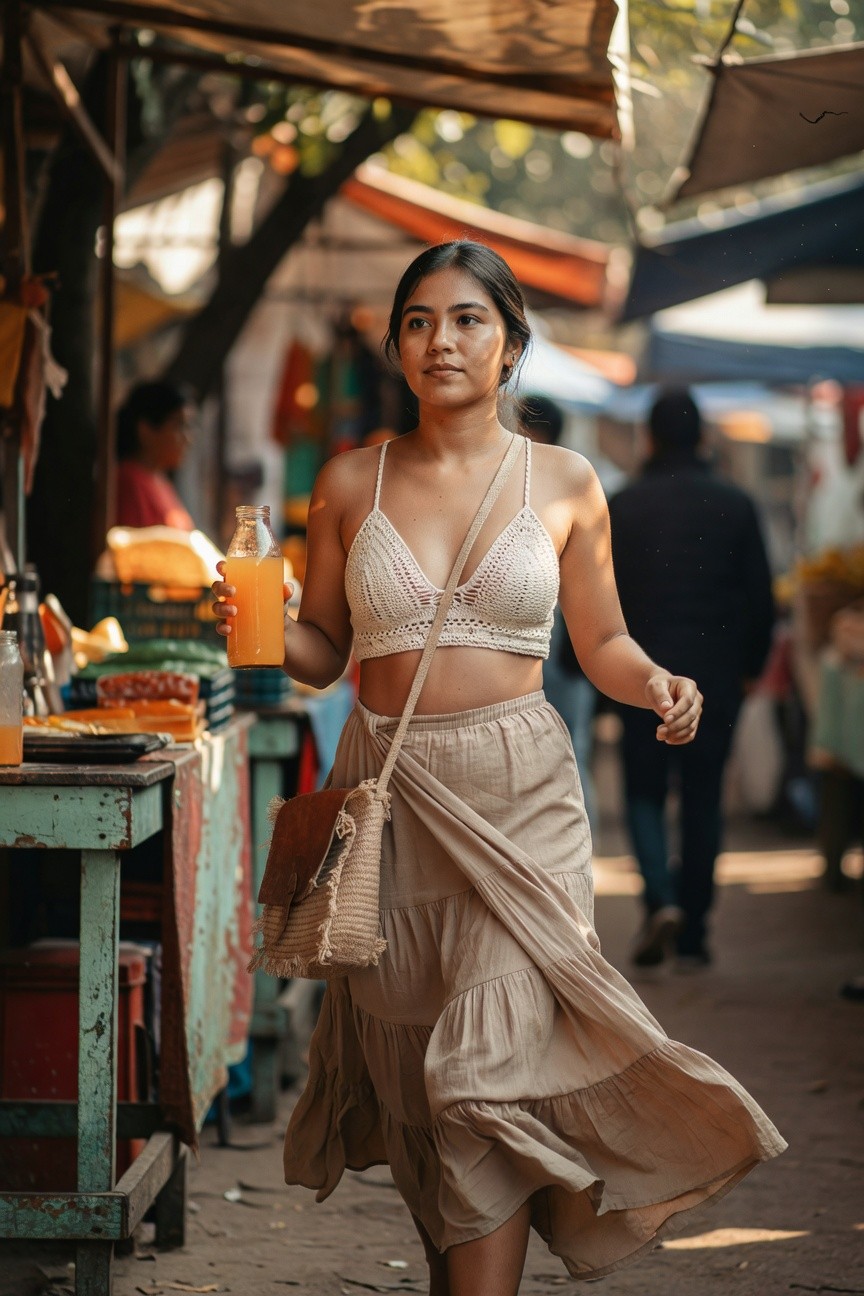Woman wearing white crochet bralette top, beige multi-tiered wrap skirt, tan woven crossbody bag, holding glass bottle of orange juice while walking in boho style